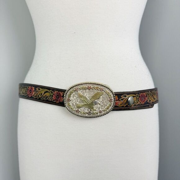 UNBRANDED | Floral Tooled Cow Hide Leather Belt Eagle Buckle Women’s Size S/M main image 9